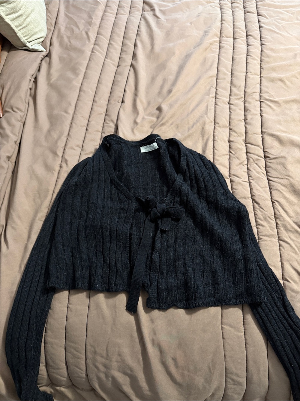 Black Ribbed Tie-Front Cropped Women's Cardigan